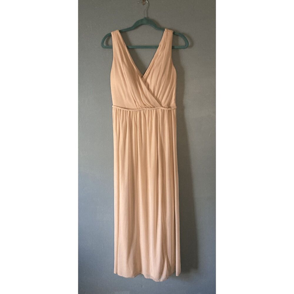 Azazie v-neck beige sleeveless gown with 24" left leg slit size A12